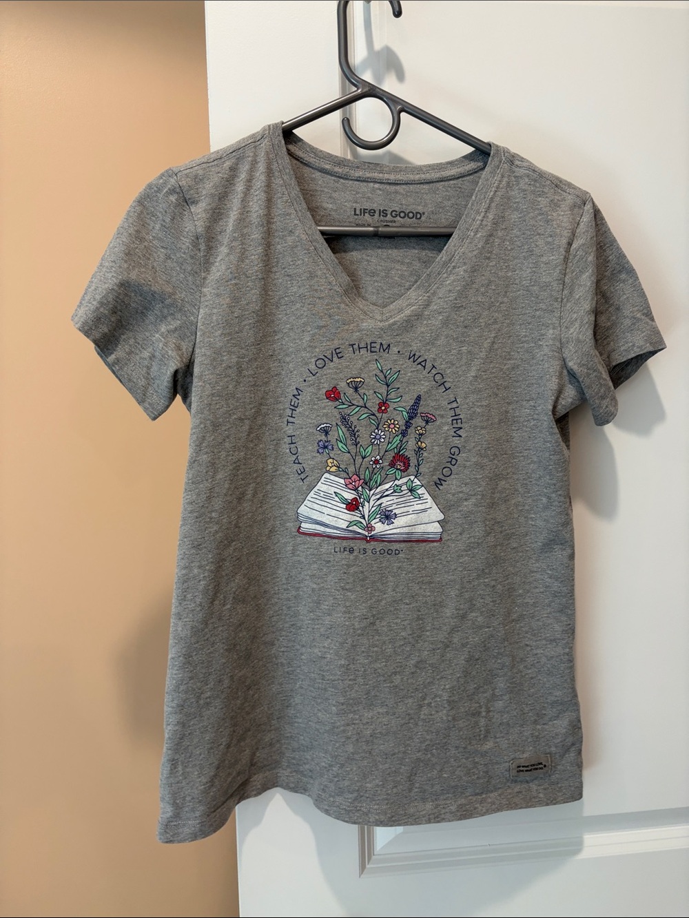 Life Is Good Gray V-Neck Tee with Floral Book Illustration